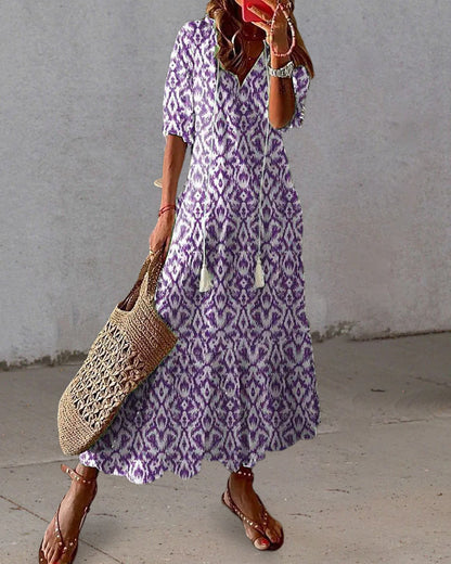 Andrea - Robe Imprimée Vintage Boho à Col V