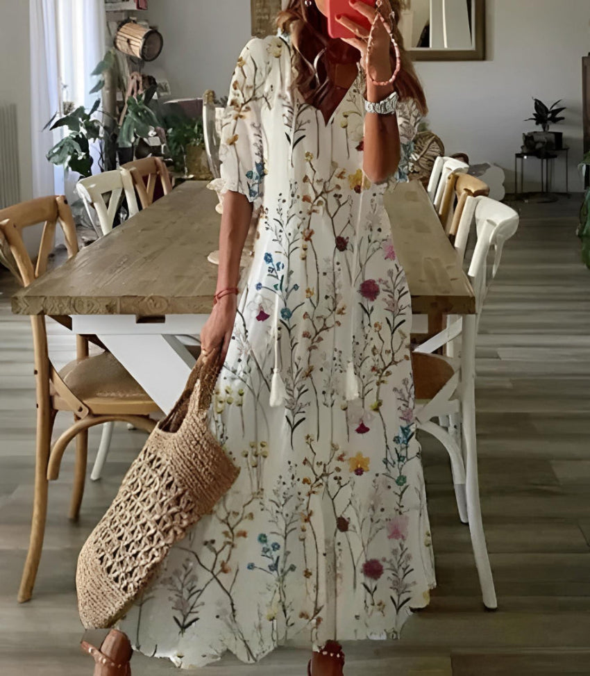 Andrea - Robe Imprimée Vintage Boho à Col V