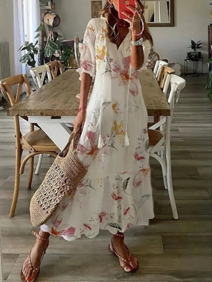 Andrea - Robe Imprimée Vintage Boho à Col V