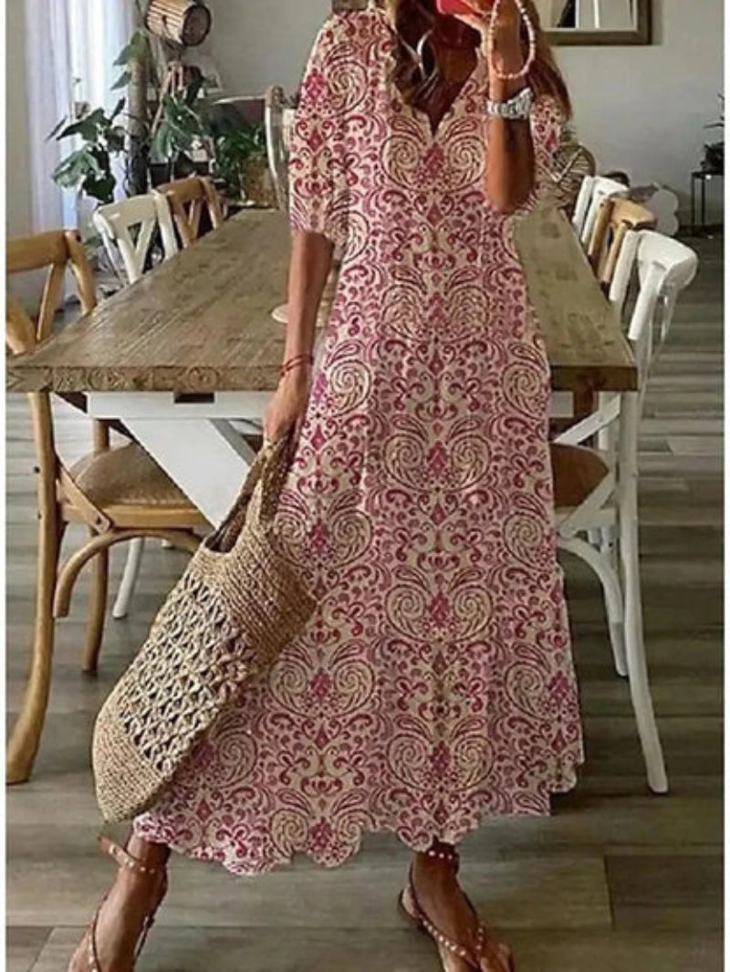 Andrea - Robe Imprimée Vintage Boho à Col V